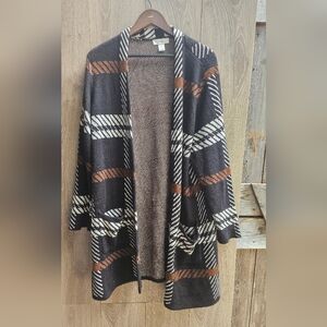 CJ Banks Brown Patterned Long Cardigan Sweater Pockets Autumn